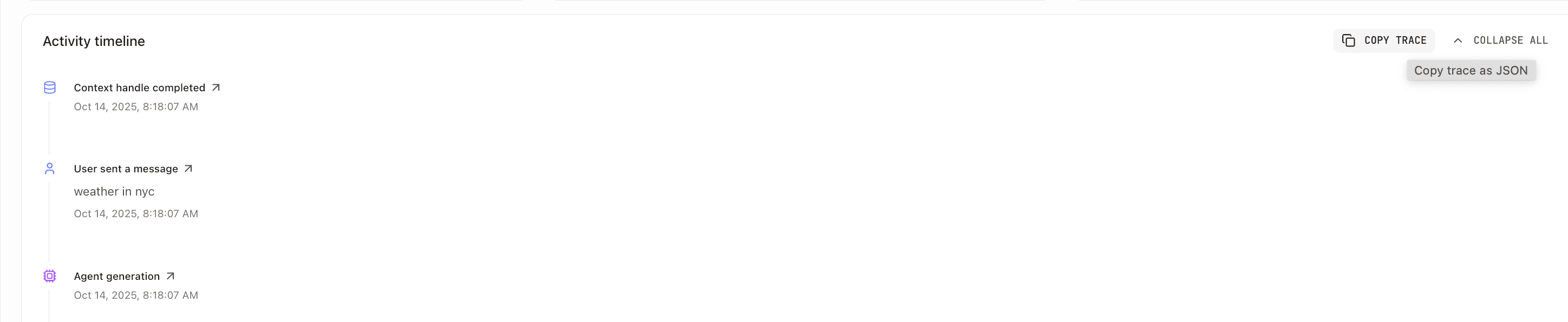 Copy Trace button in the timeline view for exporting conversation traces